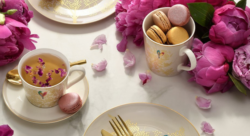tea cups, biscuits and flowers
